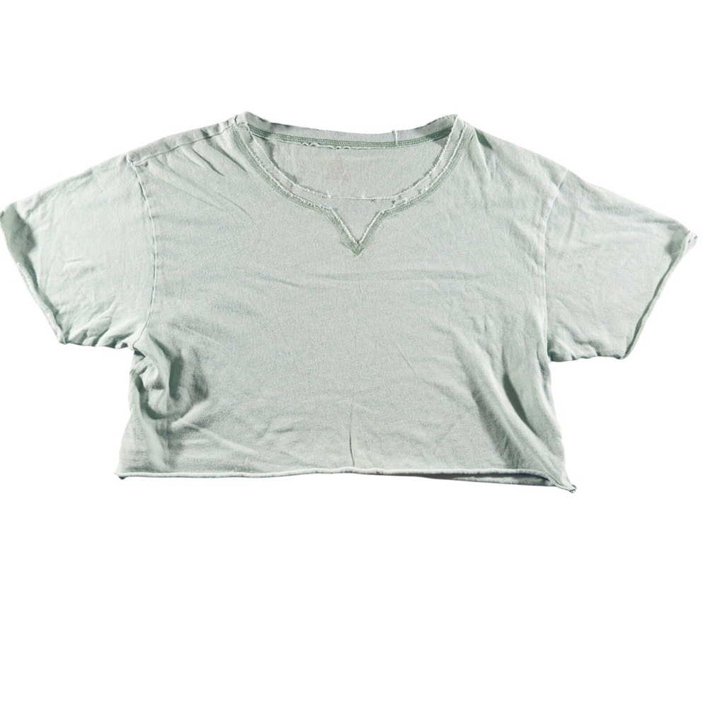 285 | OFFLINE by Aerie Womens Medium Raw Hem V-Neck Cropped T-Shirt Sage Green